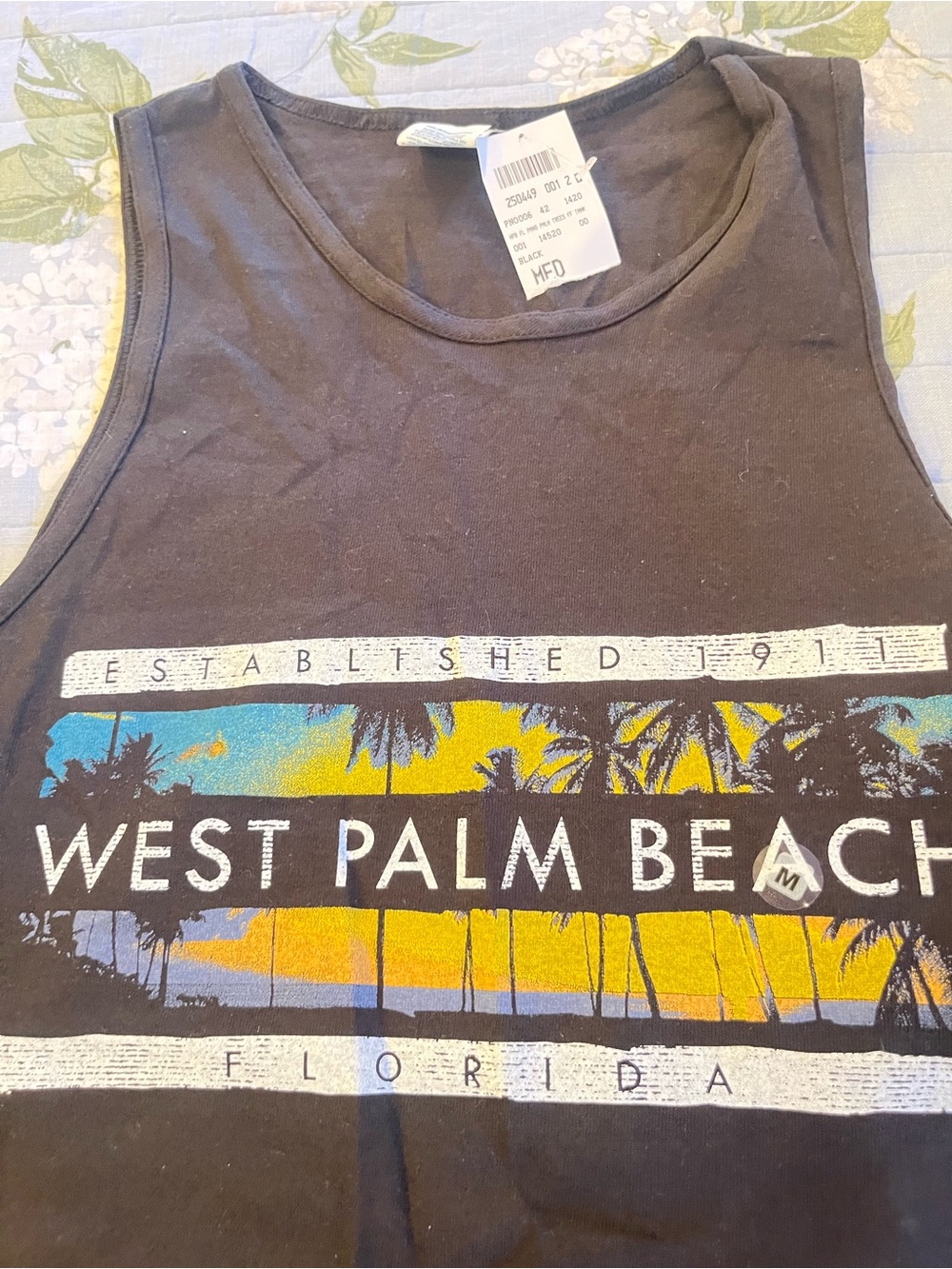 NEW West Palm Beach Graphic Tank Top - Black with Yellow & Blue Print size med.